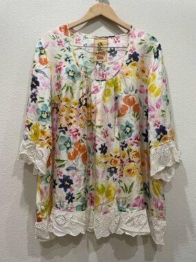 Johnny Was 100% Silk Floral Boho Blouse XL Lace Trim Cottagecore Peasant Top